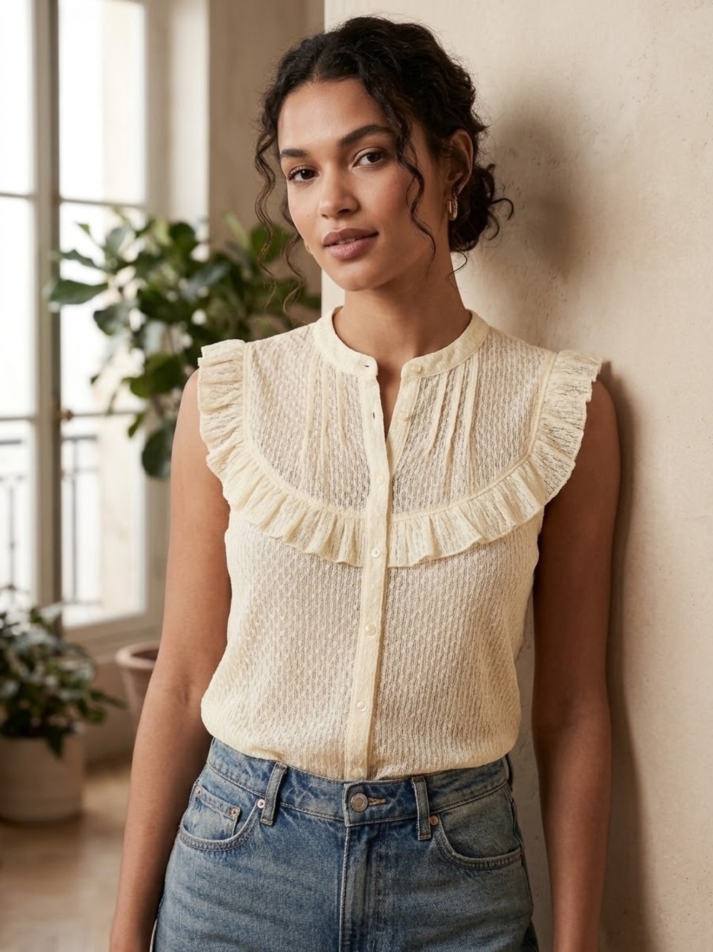 Banana Republic Cream Ruffle Yoke Sleeveless Button-Front Top